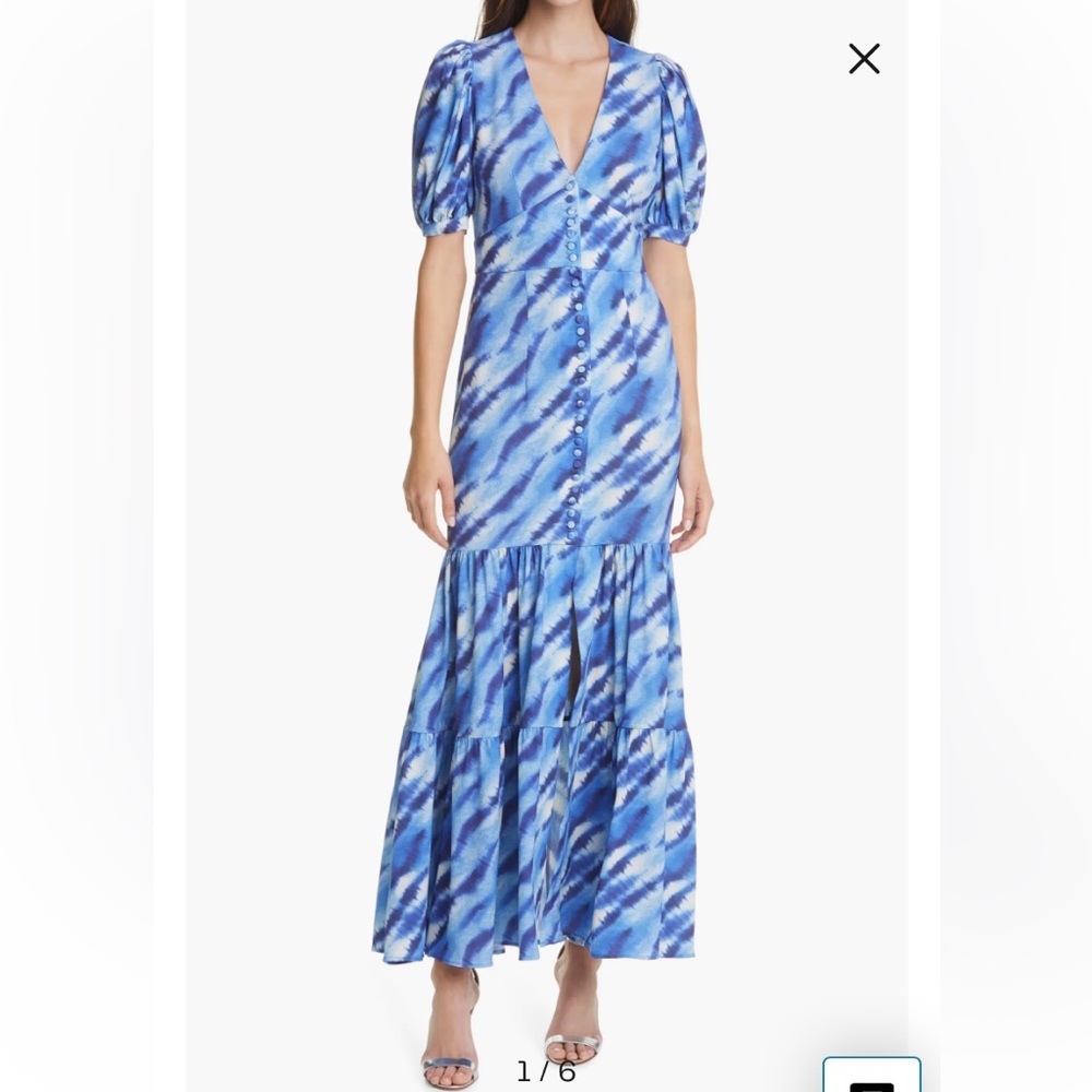 ROTATE BIRGERCHRISTENSEN Thora Tiger Silver Lake Blue Flouce Hem Maxi Dress SZ 2